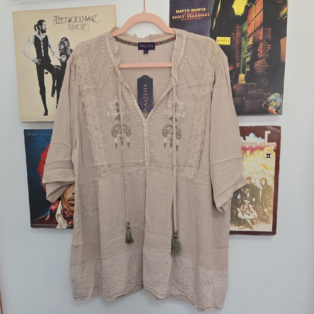Beige Embroidered Boho Tunic Top